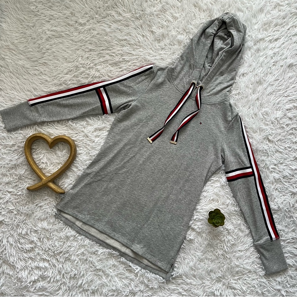 Tommy Hilfiger Gray Hoodie with Red and White Stripes